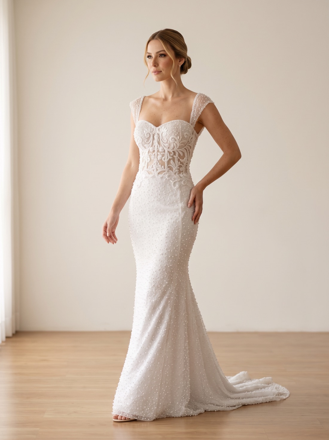 Noiva com vestido sereia de renda e pérolas