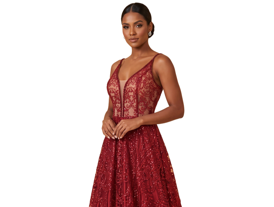 Mulher com vestido longo vinho de renda com brilho