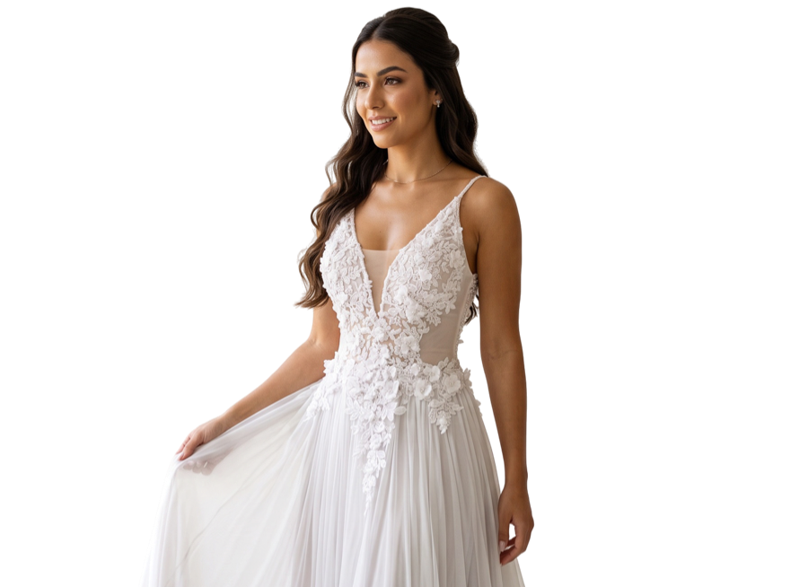 Noiva com vestido de flores em relevo e alças finas
