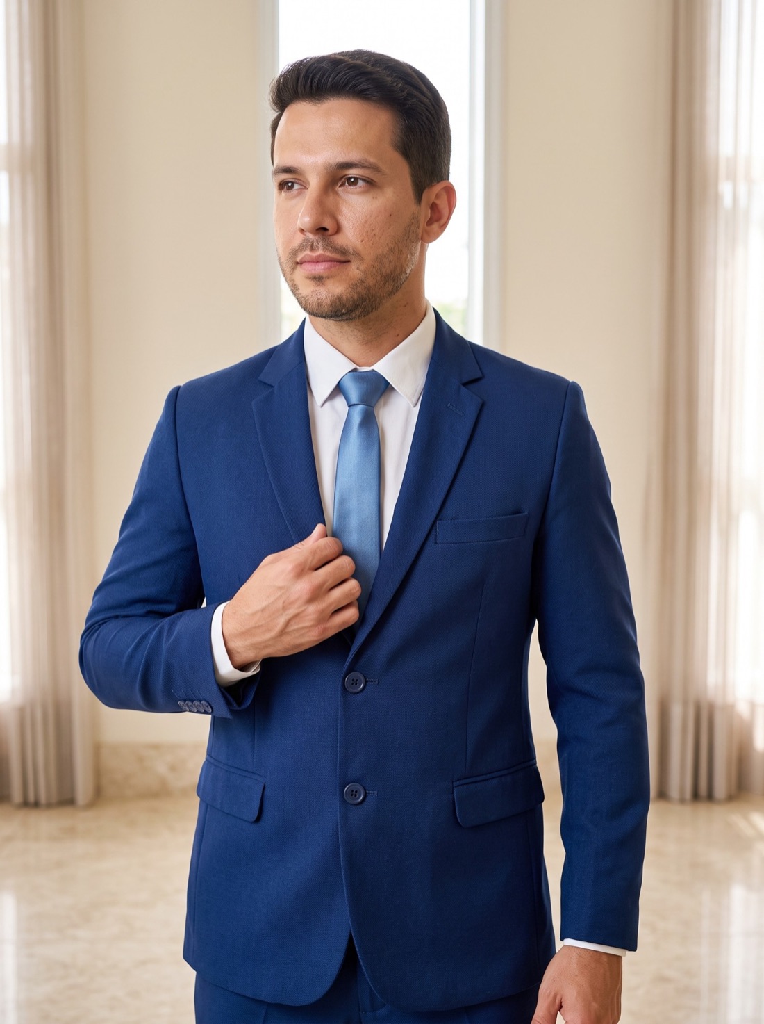 Terno azul-marinho com gravata azul-clara