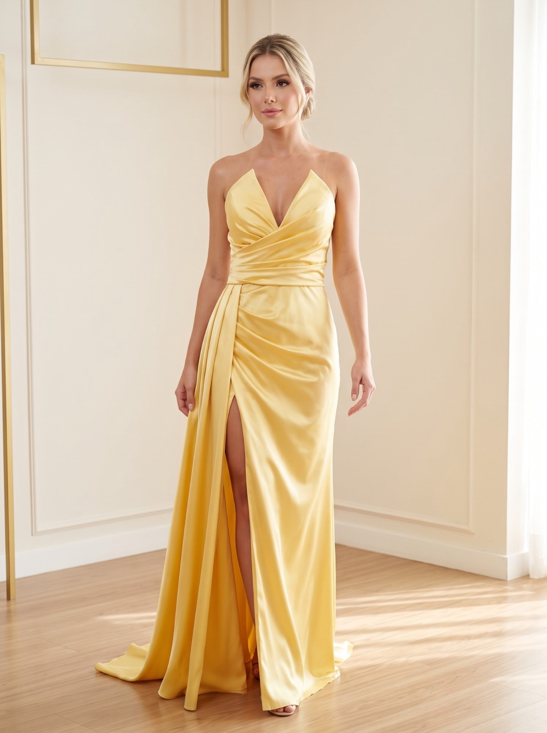 Vestido longo amarelo de cetim com fenda