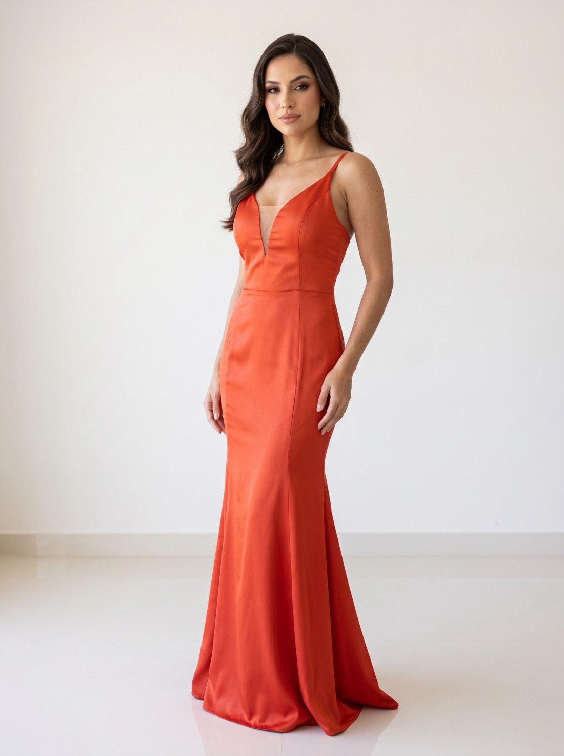 Vestido sereia terracota de alças finas
