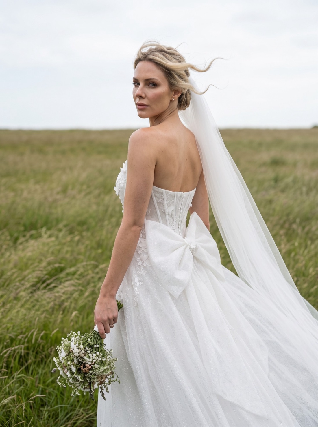 Noiva de costas no campo, vestido com laço grande nas costas e véu longo